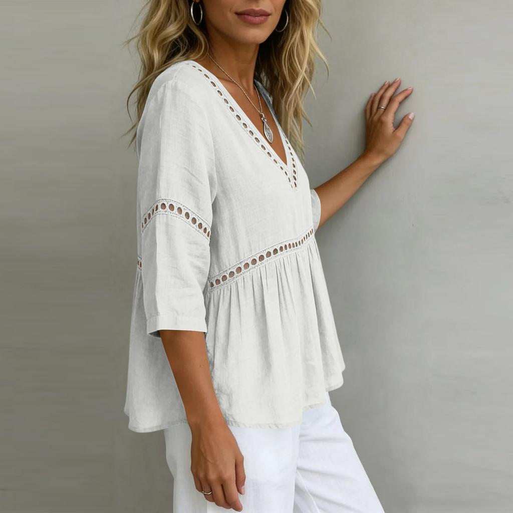 Ladies' Fashionable Casual V-neck Mid Sleeve Women's Top Shirt