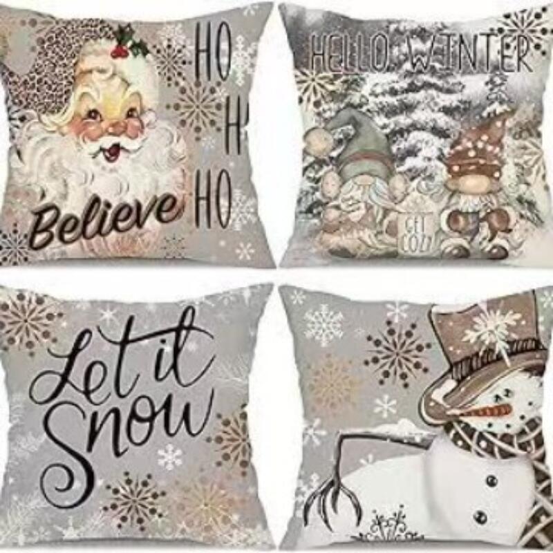 4 PC Reversible Christmas Pillow Covers Set - Santa Snowman Linen Blend Sofa Decor Festive Home Accents