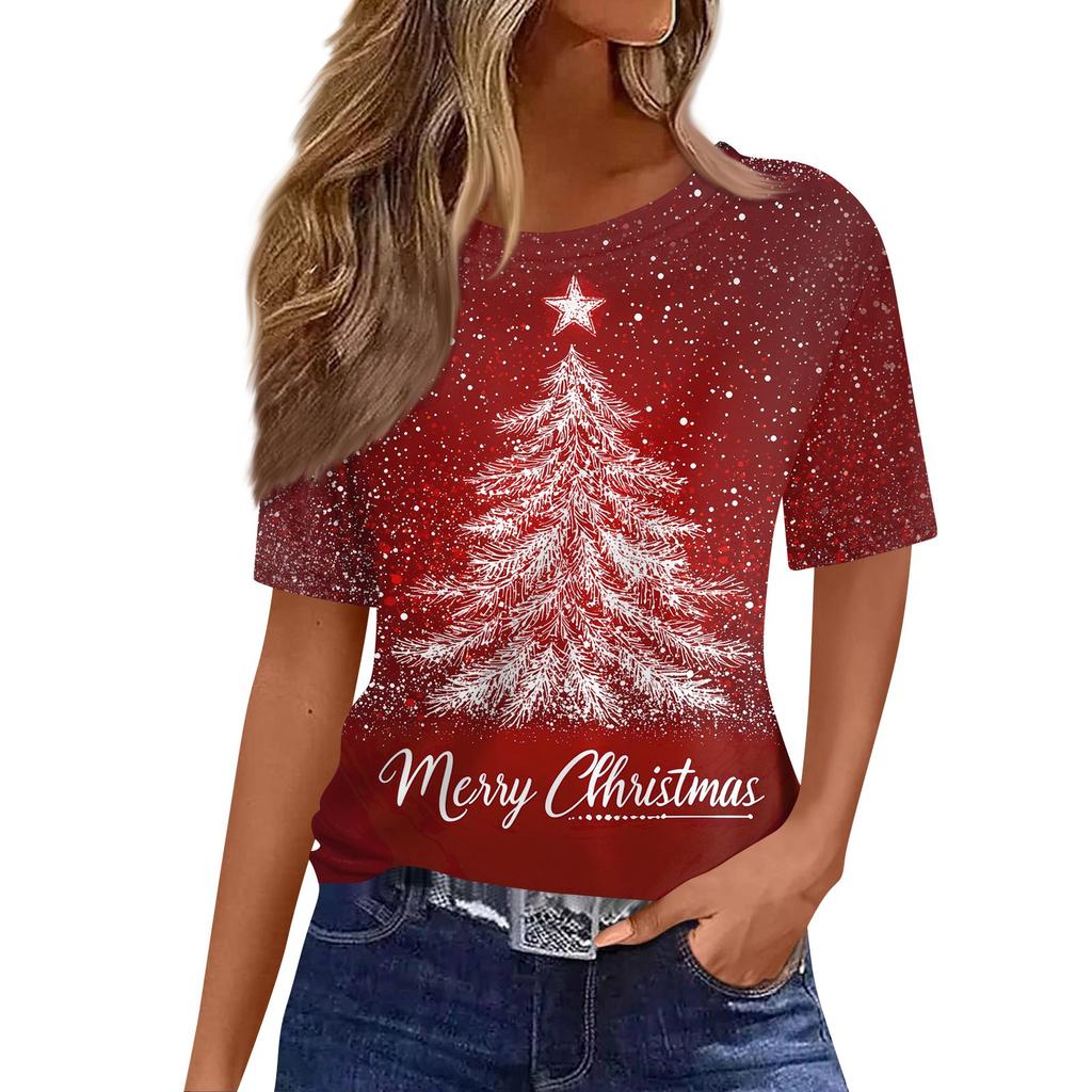 Women's Fashionable Casual Short Sleeve Christmas Print Round Neck Pullover Top