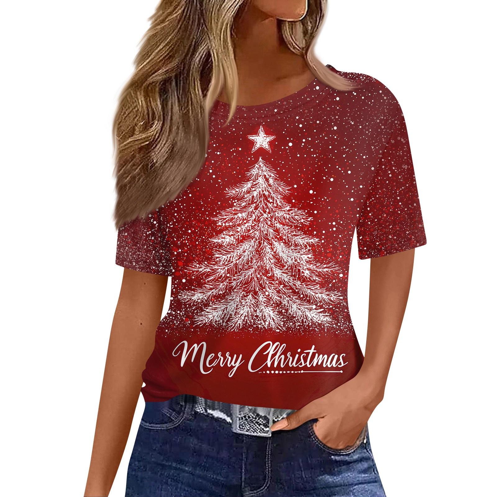 

Женский модный повседневный пуловер с коротким рукавом и рождественским принтом, с круглым вырезом XL винный