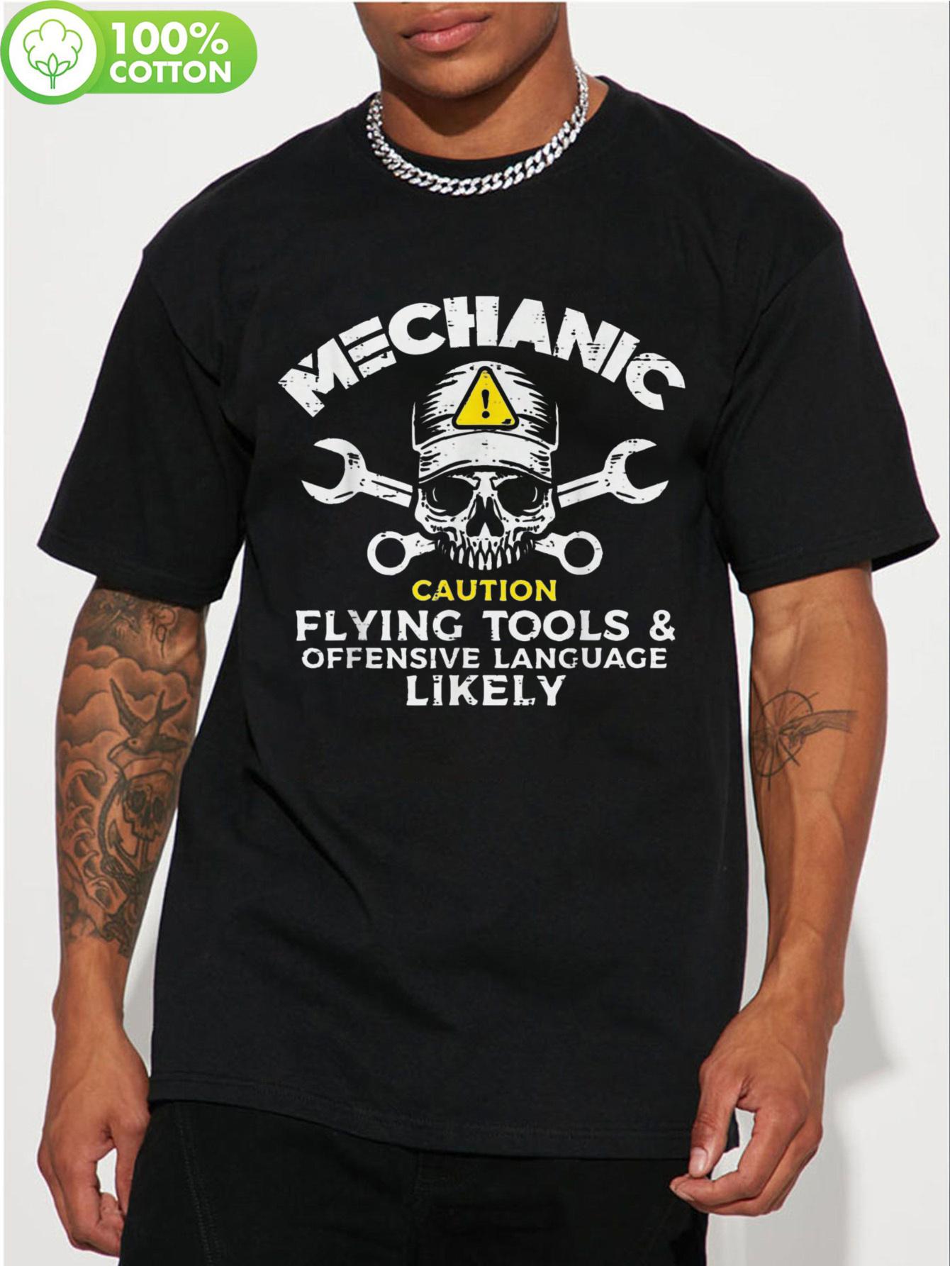 

100% Cotton Crew Neck T-shirt with Mechanic Warning Graphic - Geometric Skull & Tool Design S