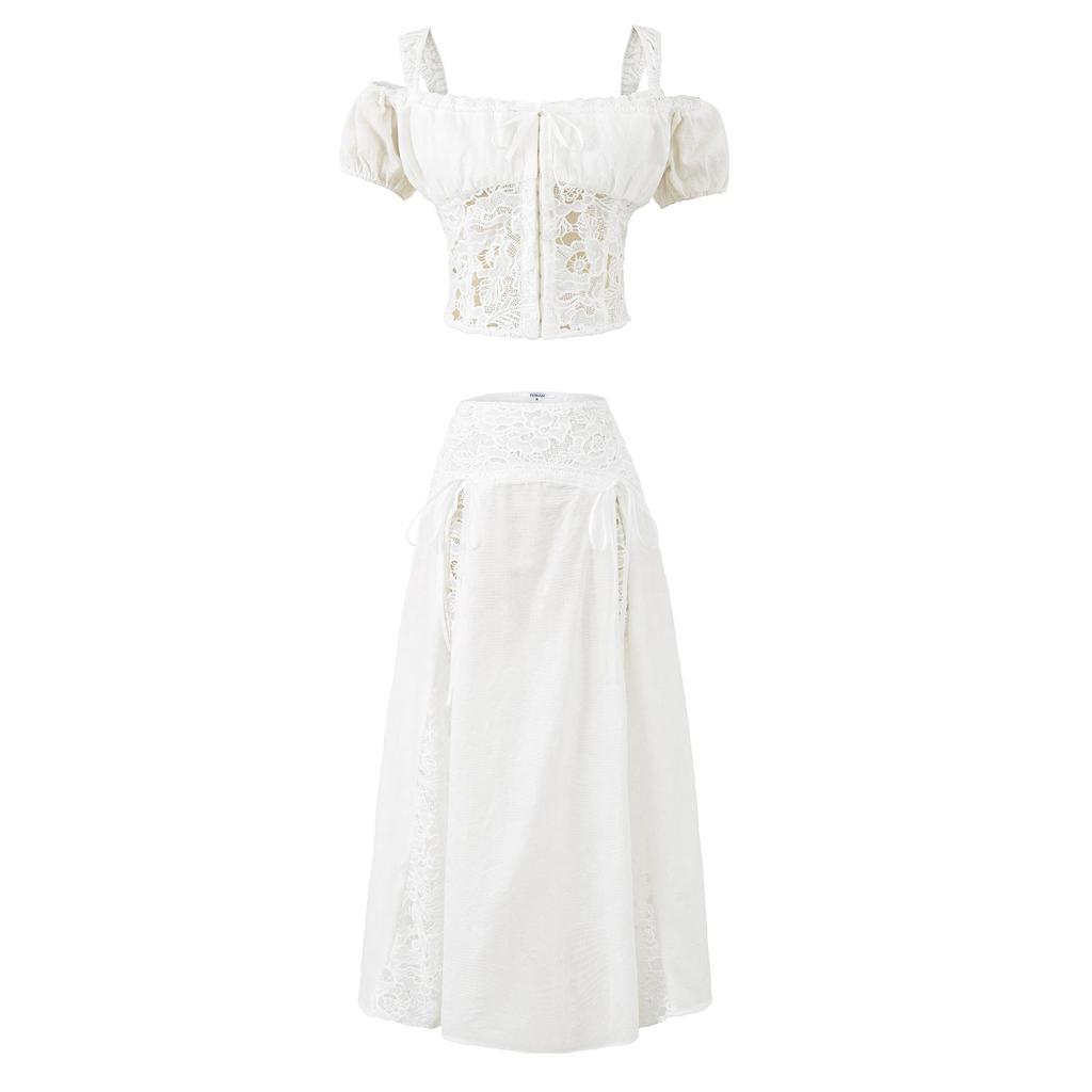 2026 Women's French Style Lace Patchwork Slim Camisole Top & High Waist Skirt Set