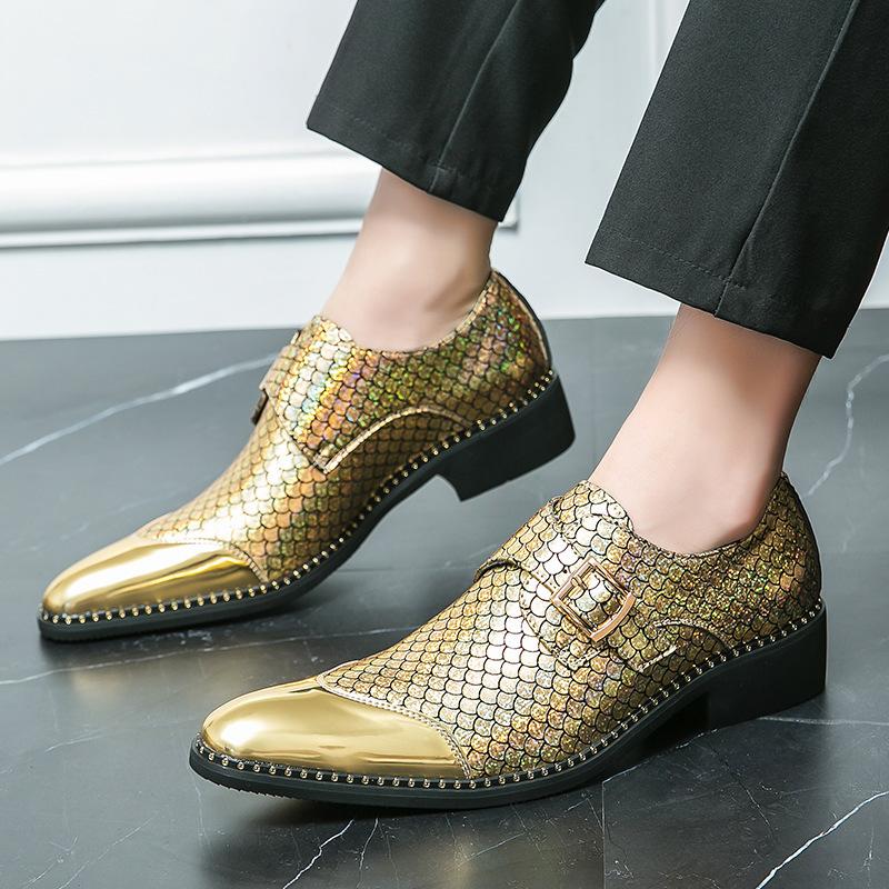 New Fashion Gold Business Large Size Leather Shoes Foreign Trade Men's Personality Pointed Glossy Banquet Wedding Leather Shoes