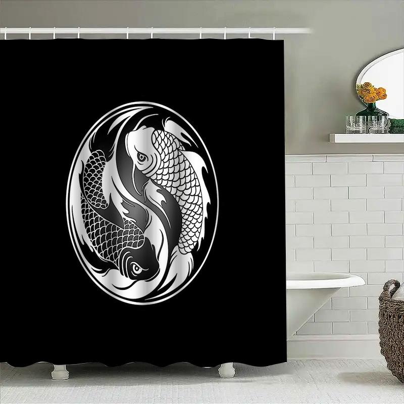 Unframed Japanese Koi Fish Shower Curtain Set Waterproof Modern Abstract Art Bathroom Decor Washable Fabric Liner