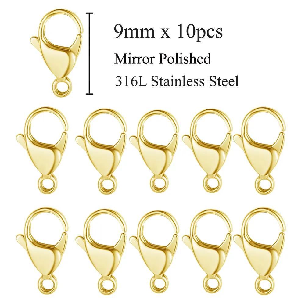 10pcs/lot Gold Mirror Polished 316L Stainless Steel Lobster Clasp 9-19mm Diy Jewelry Clasps for Necklace Bracelet Making