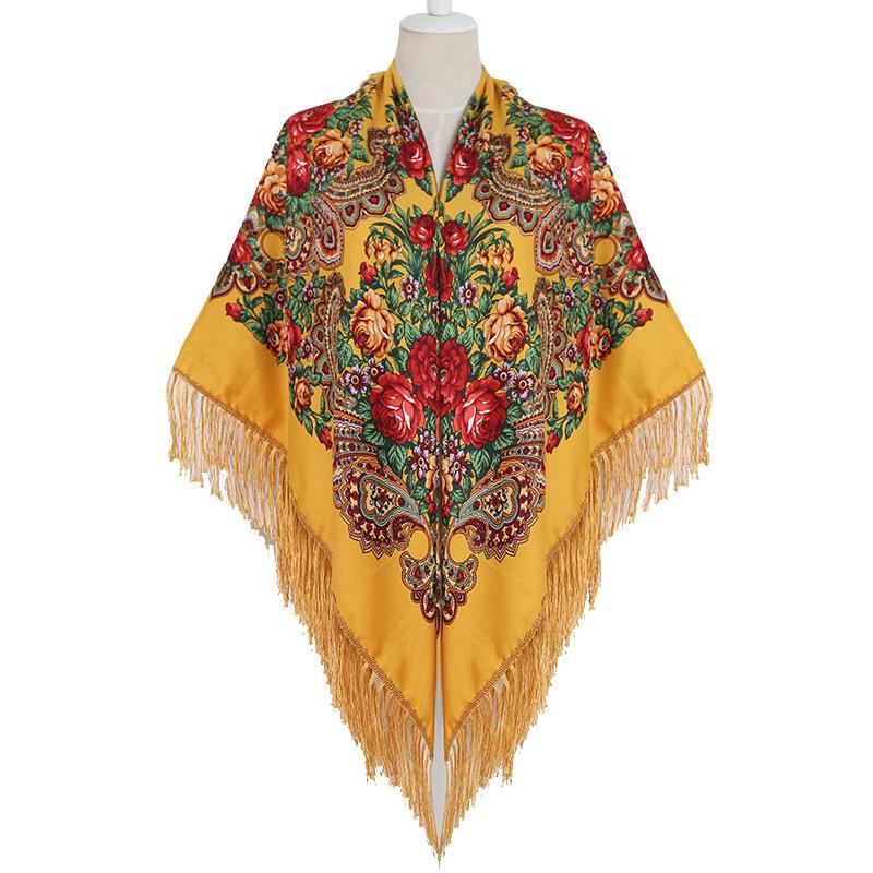 Ethnic Print Tassel Shawl: Large Square Scarf for Women - Autumn/Winter Style