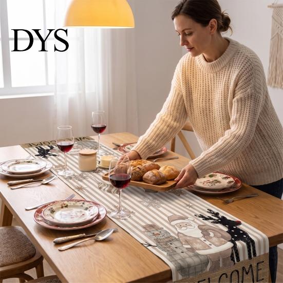 Farmhouse Table Runner Linen Christmas Runner, Winter Reindeer Santa Seasonal Home Decorations Prints, Tabletop Overlay for Holiday Dining Decor