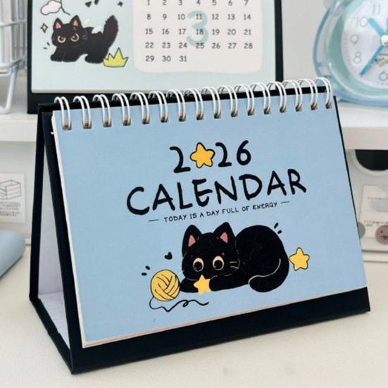 Cat Desk Calendar 2026 Cute Desktop Standing Flip Calendar with Cartoon Black Cat for Home Office Study Workstation