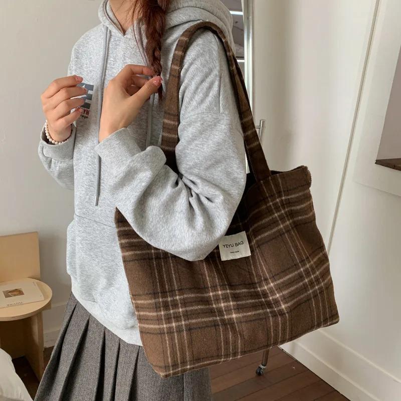 Colored Plaid Women's Woolen Shoulder Bags Vintage Large Capacity Ladies Handle Canvas Tote College Style Girls Book Handbags