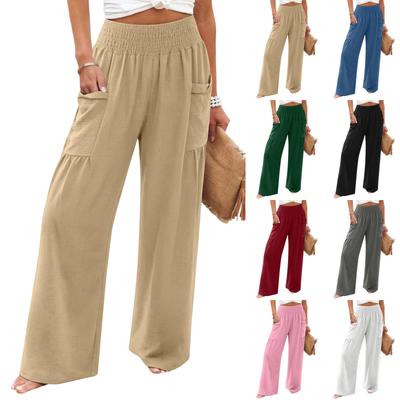 Damen lockere lässige lange Hose mit elastischem Bund und Taschen, entspannte Weitbein-Hose, bequemes leichtes Design