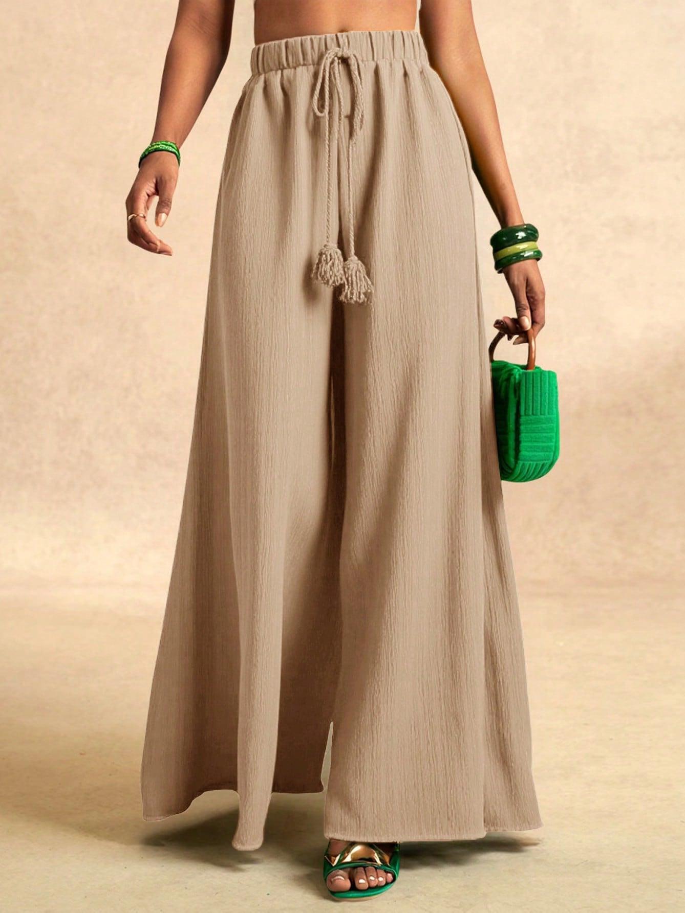 

2026 Summer Women s Wide-Leg Pants with Textured Fabric and Knot Waist XL хакі