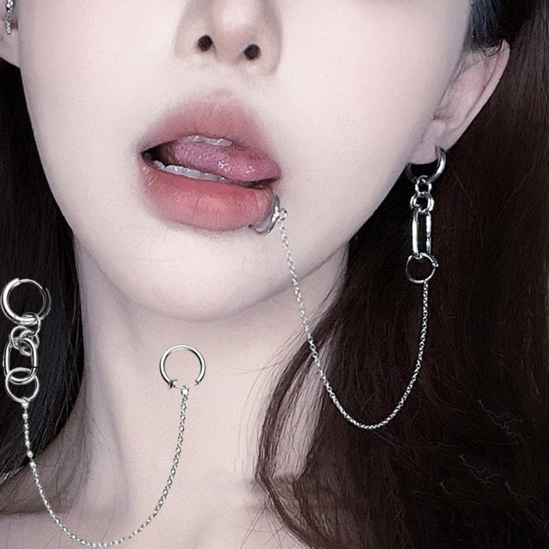 1 Set Fake Piercing Lip Clip Earring Punk Chain Linked Earrings Hinged Lip Ring Accessories Stainless Steel Material