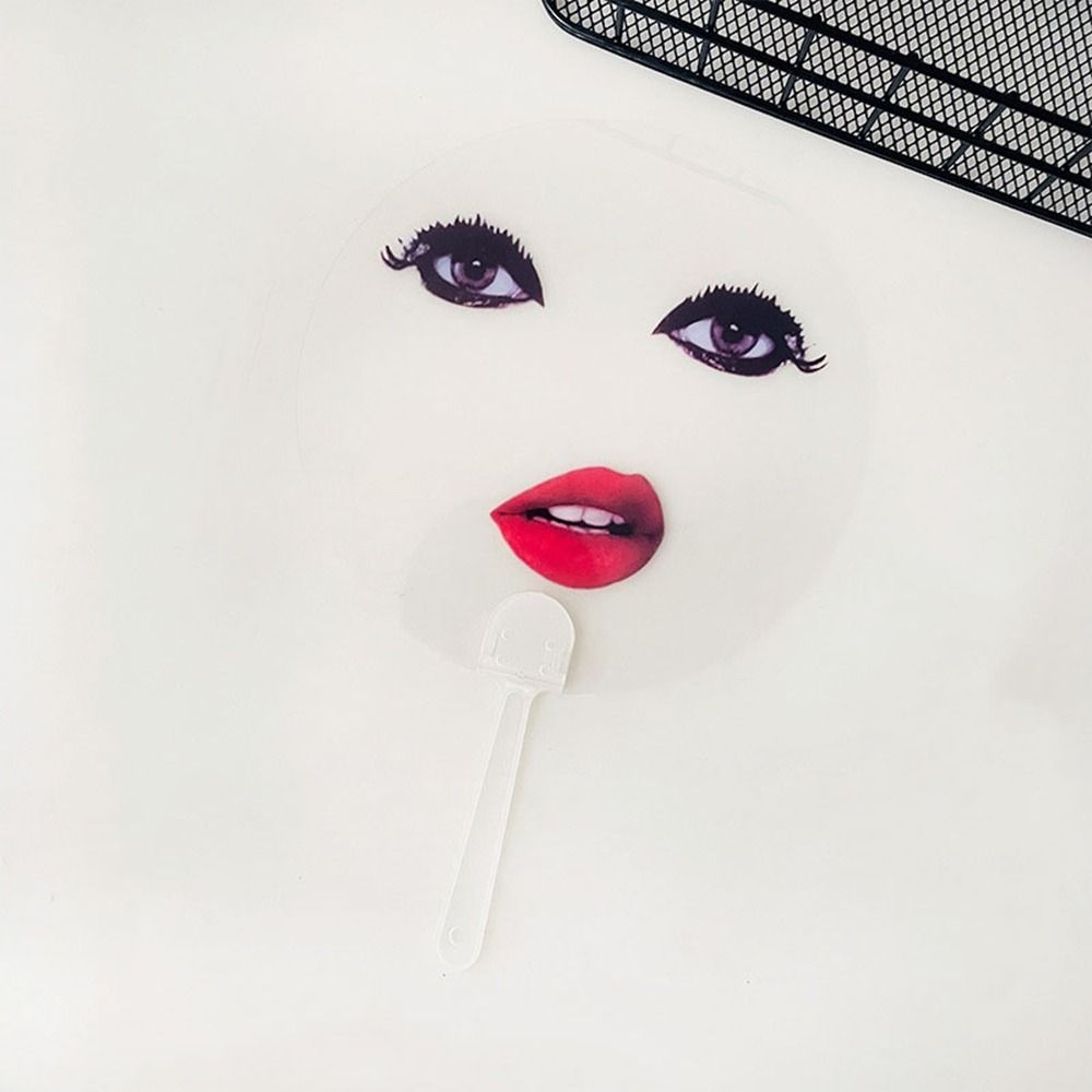 10Pcs Plastic Abstract Transparent Handheld Fan Waterproof Round Red Lips Printed Fans with Handle Big Eye and Red Lip Fan