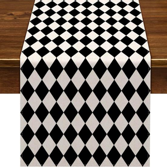 Decorative Table Cover for Home Modern Geometric Runner, Black And White Checkered Minimalist Decoration 72 Inch Striped Runner Dining Decor