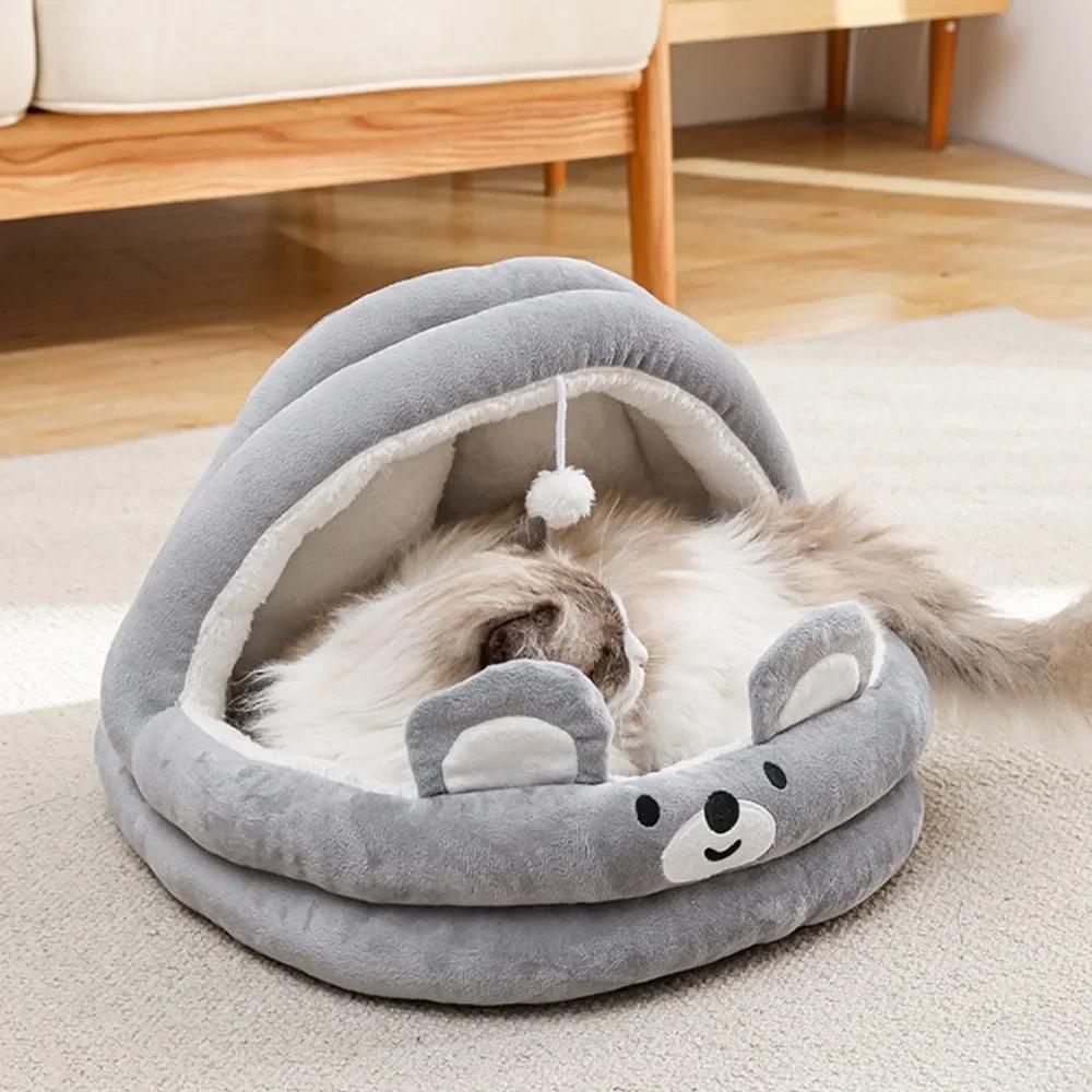 Cat Litter Bed Soft Semi Enclosed Cat Bed and Cozy with Plush Ball Kitten Cave Beds Removable Cute Cartoon Pet Sleep Accessories