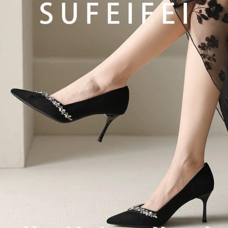 High heels women's new rhinestone thin heel design sense niche single shoes are not tired