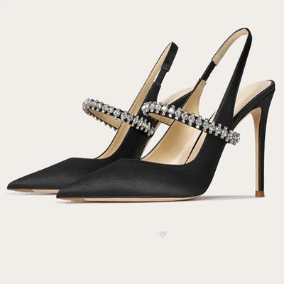 Mode Luxus Satin Strass Design Spitzschuh High Heels Damen Sexy Elegant Slingback Mules Sandalen Party Kleiderschuhe Frau Pumps