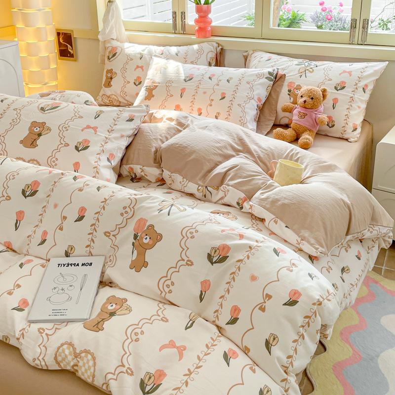 Class A Maternal And Infant Grade Washed Cotton Four-Piece Set Cotton Cartoon Small Fresh Pure Cotton Mattress Quilt Cover 3Pcs Set