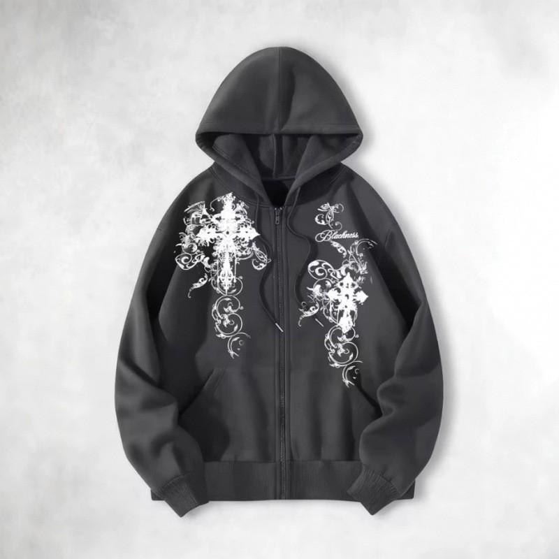 Gotický Kříž Sanskrtský Potisk Volná Mikina na Zip Pánská Ležérní Streetwear