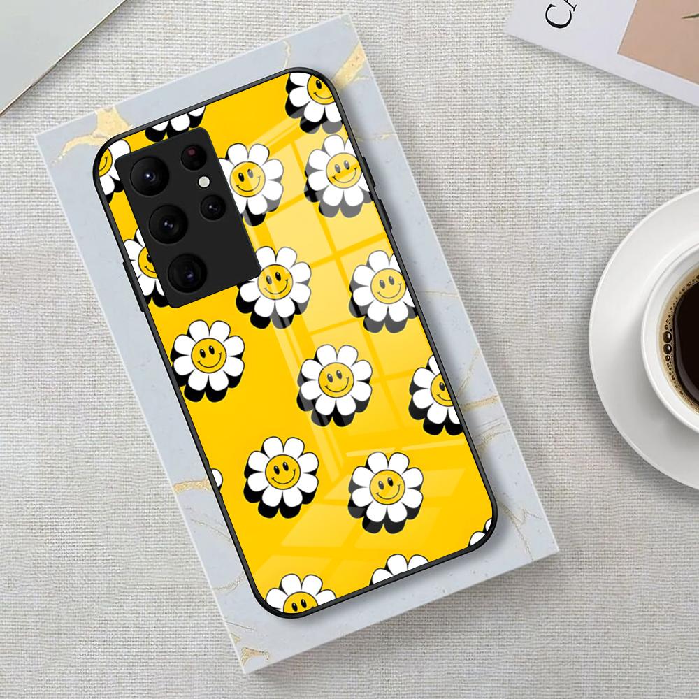Sunflower Smiley Face Phone Case For Samsung S26 S25 Edge Ultra 23 22 21 20 Ultra Plus S24 Fe Glass Cover
