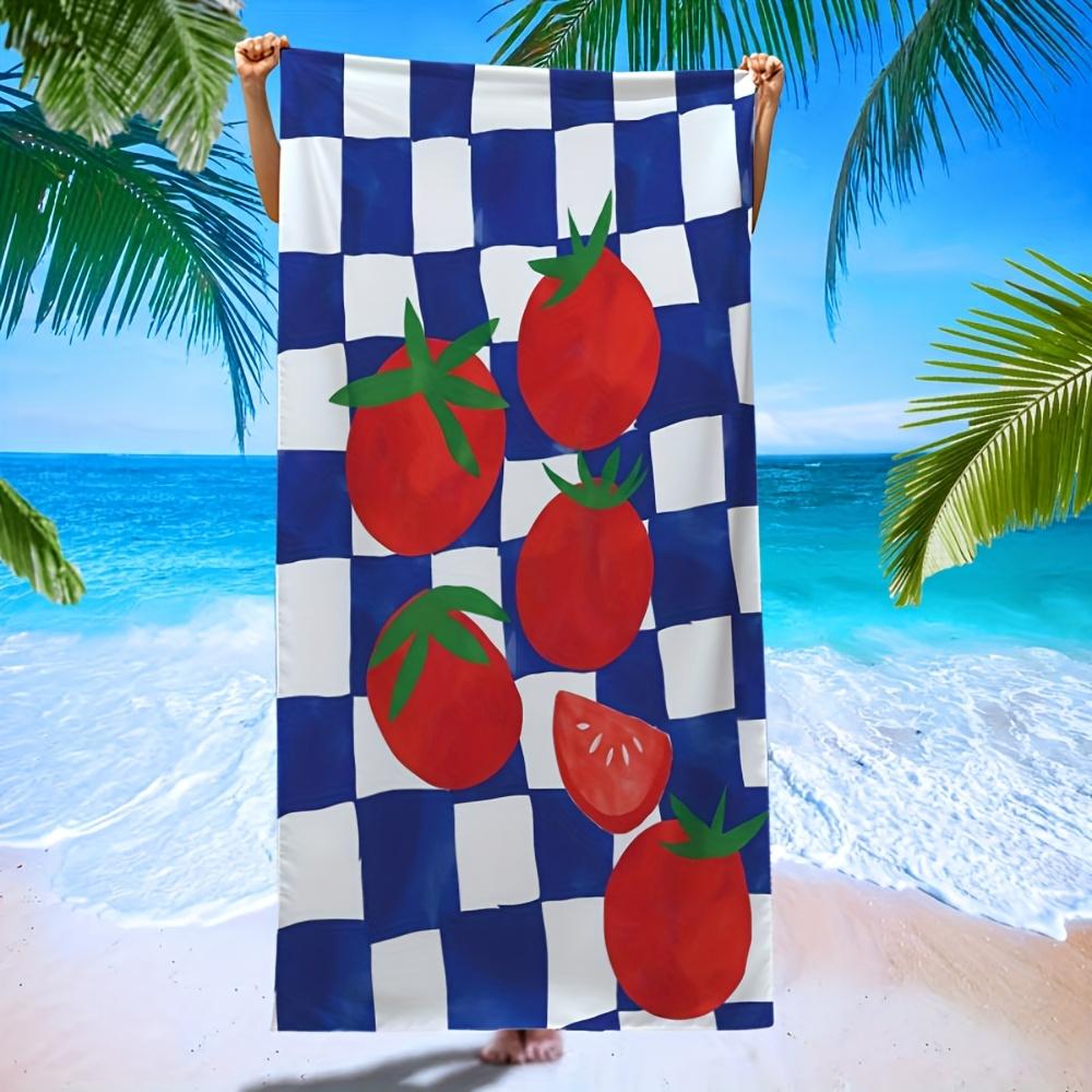 

1pc Microfiber Beach Towel, Contemporary Style, Red Tomatoes on Blue & White Checkered Tablecloth Print, Super Soft, Windproof W30*H60(CM)