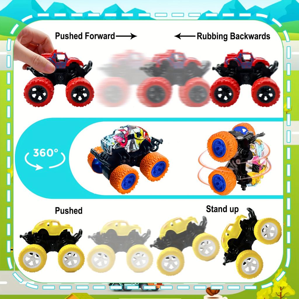 Inertia Monster Truck Toy, 8pcs Set Pushing Friction Power Car,360° Stunt Rotation Off Road Vehicle,Impact Resistant Durable Kids' Bike,Halloween Gift