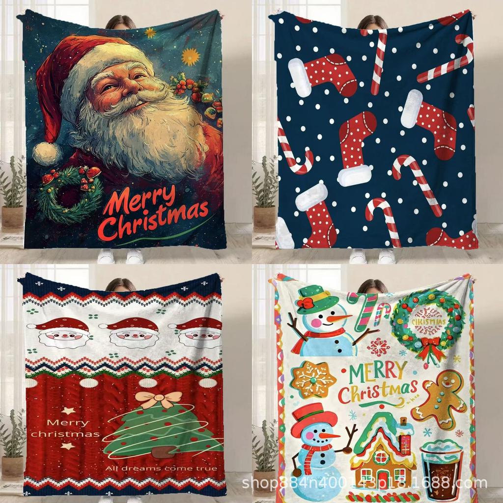 Cartoon Santa Claus Printed Blanket for Sofa Bed Travel Camping Living Room Office Conditioning Blanket for All Seasons Gifts
