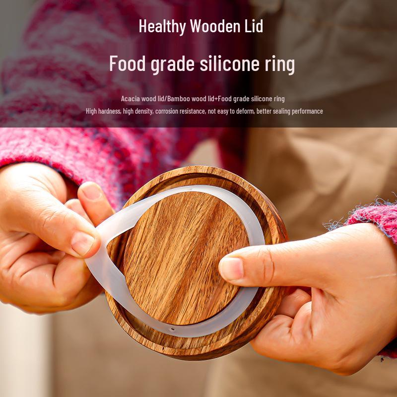 Cylindrical Embossed Glass Storage Jar with Wooden Lid for Dried Fruits and Grains