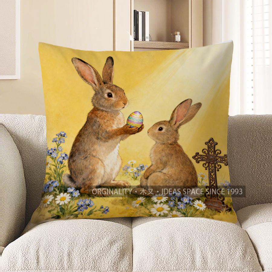 

2D Easter Rabbits And Cross Decorative Pillow Cover Pattern Cushion Cover Suitable For Sofa Bedroom Car Pillow Cover 40x40cm