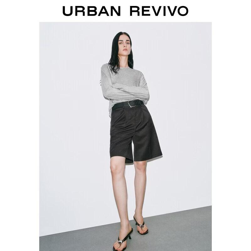 UR2026 Women s Simple Casual Irregular Pleated Long Sleeve T-Shirt M хизер серый