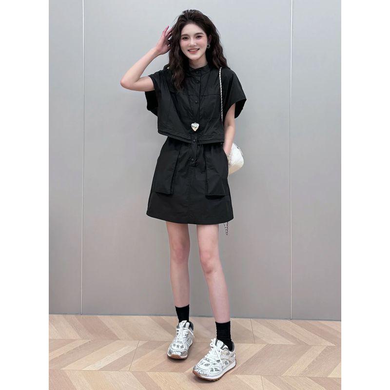 

Dress Summer Loose Casual Waist Tight Fake Two-Piece Black S(80-105)