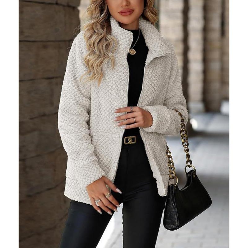 Women S Loose Casual Plush Coat With Pockets Lapel Zip Up