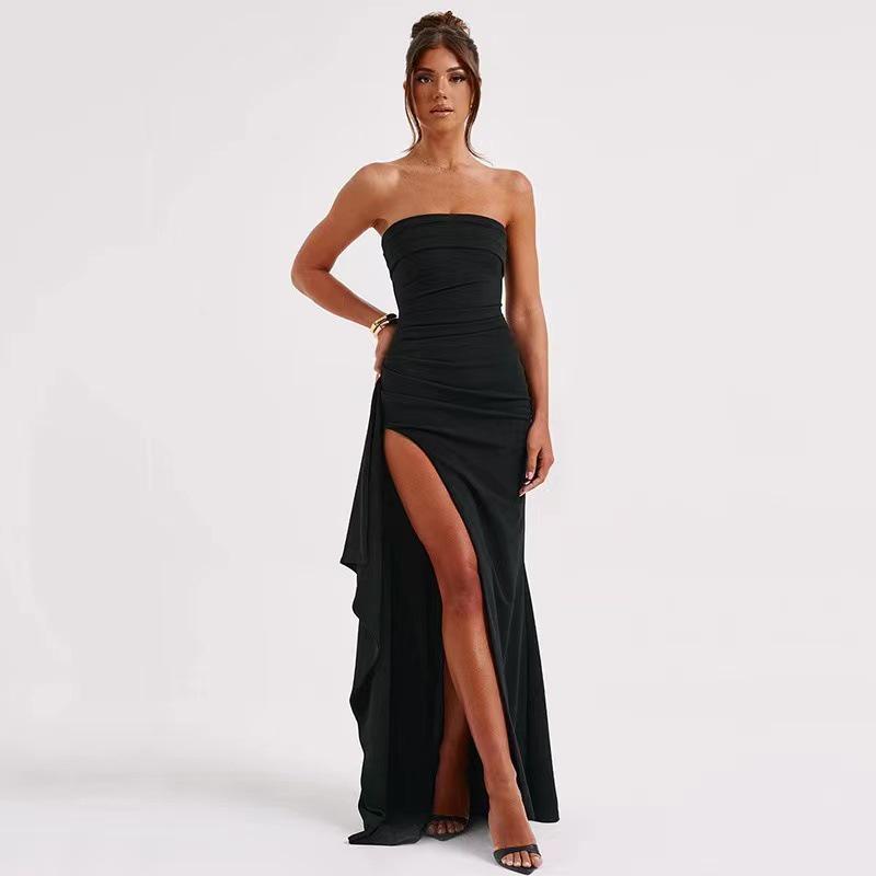 Women's One-Shoulder Strapless Evening Dress - Sexy Backless High Slit Gown