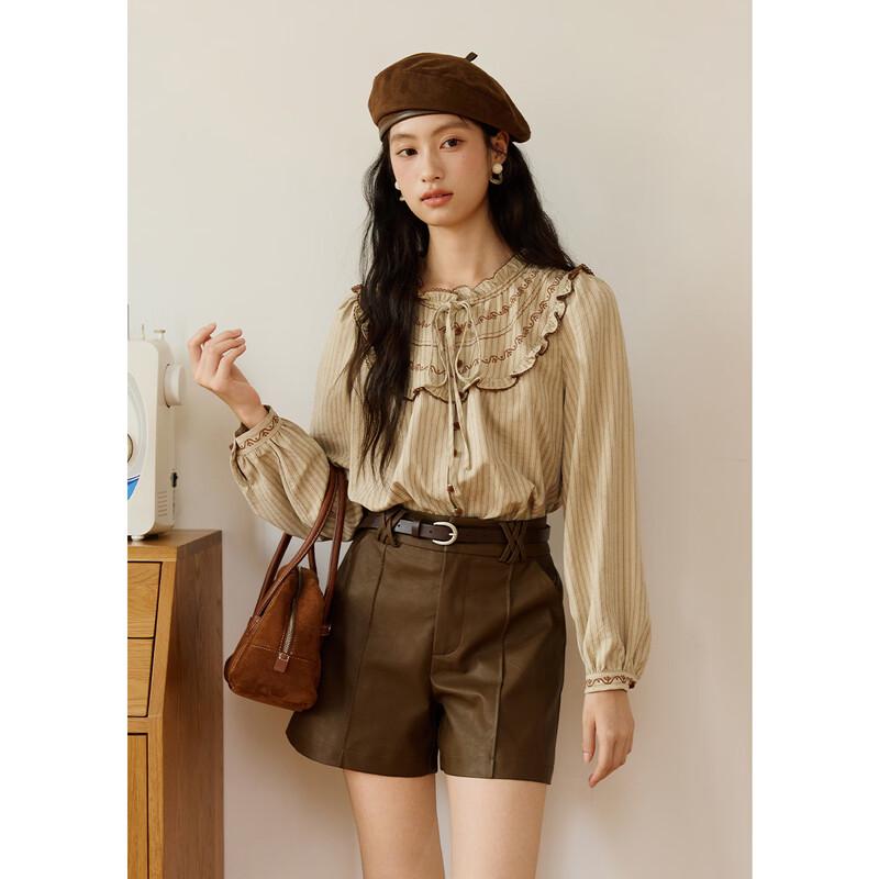 MiXiu Women s Autumn Ruffle Collar Striped Lazy Fit Shirt M