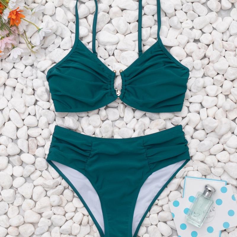 New Solid Color Sexy Wrinkled Splicing Hollow Split Swimsuit Suit Women