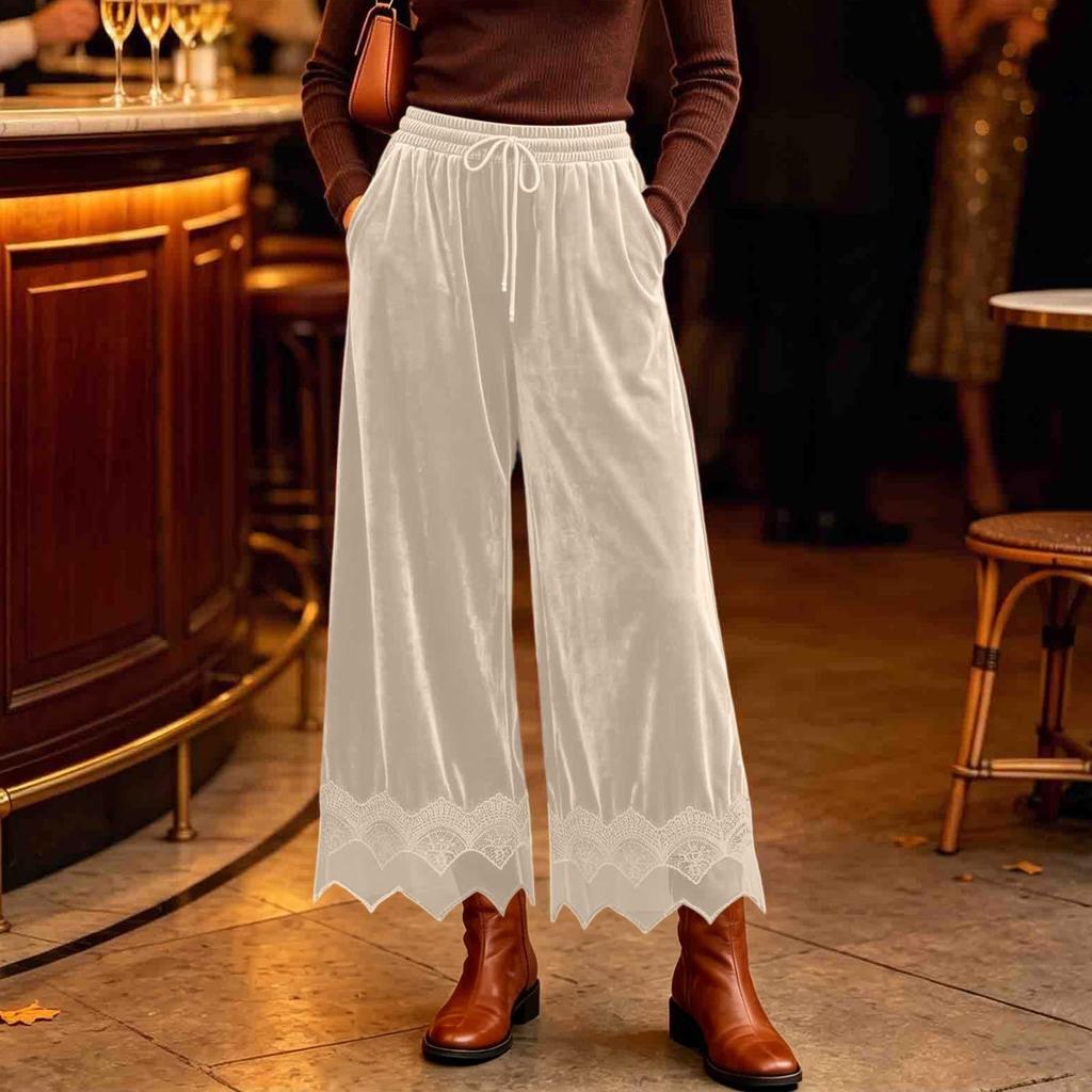 Women's Fashion Color Casual Wide Leg Pants with Elastic Waist and Pockets