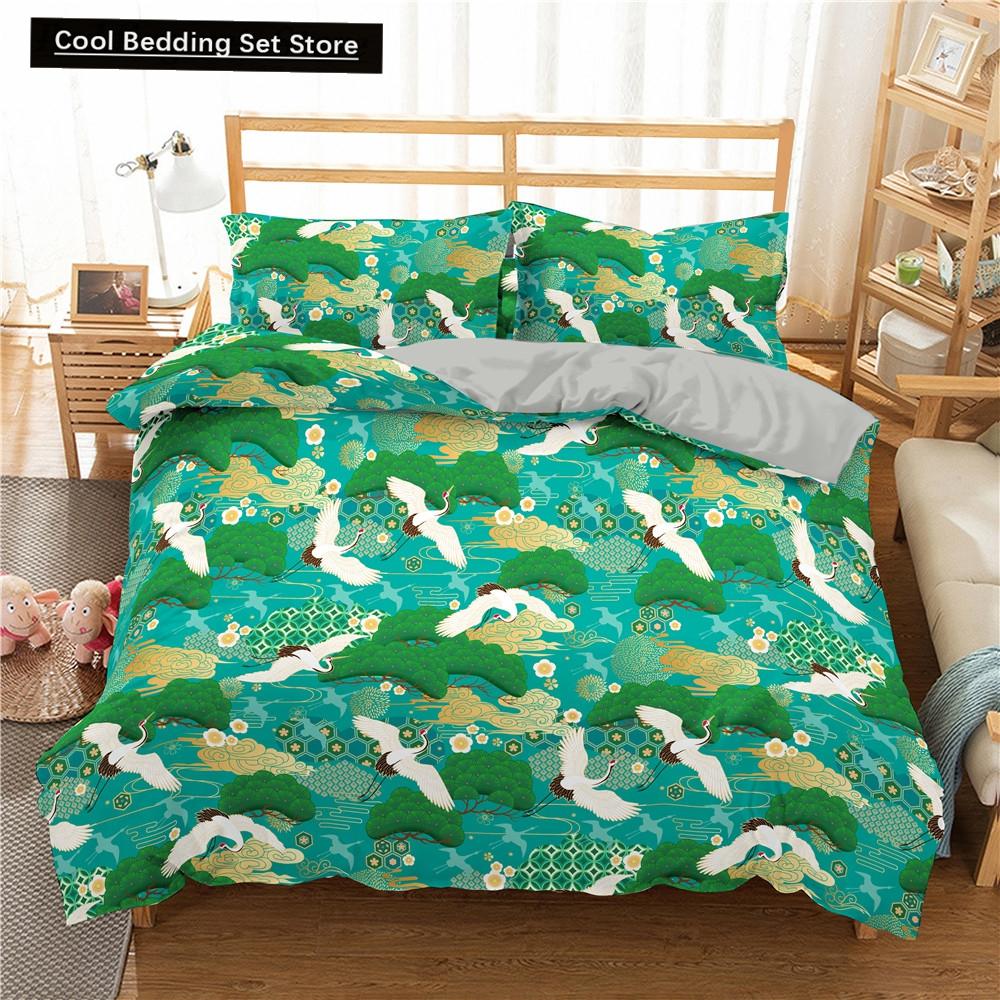 Kranich Gedrucktes Bettwäscheset 3D Rote Japanische Kirschblüten Bettbezug King Queen Größe Floral Wolke 2/3tlg. Polyester Steppdeckenbezug