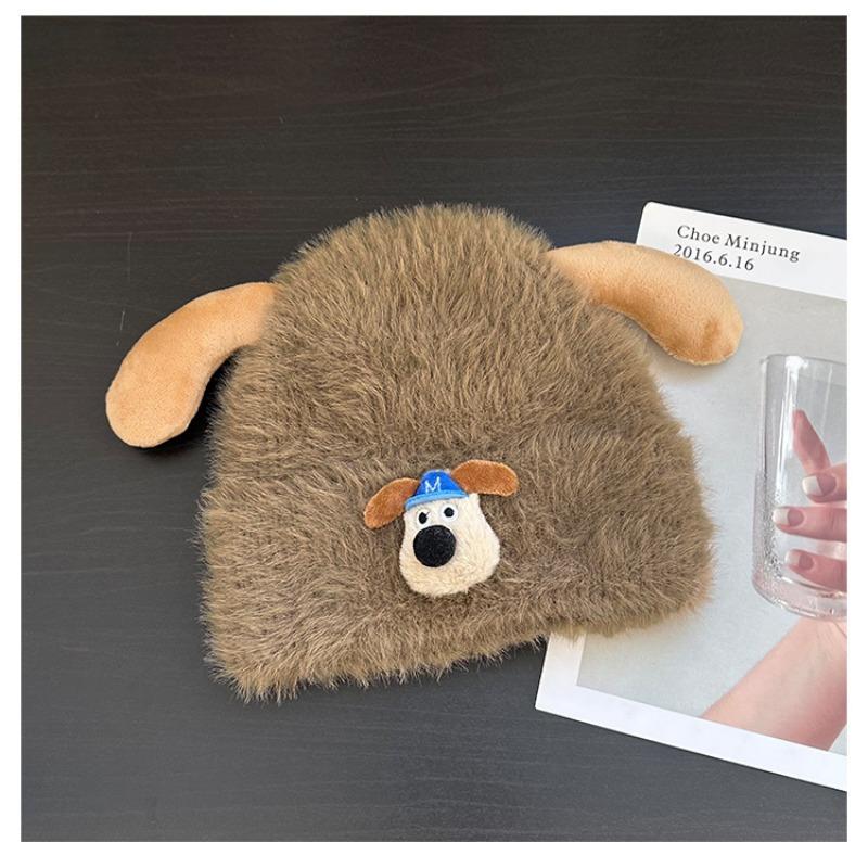 Cute and sweet cartoon puppy plush hat female autumn and winter thickened warm wool knitted hat bag head ear protection hat