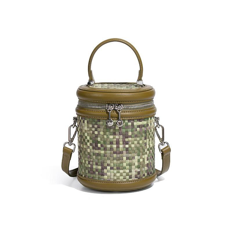 

Light Luxury Bucket Bag Women s Washed Denim Contrasting Color Niche Design Fortune Woven Portable Cylinder