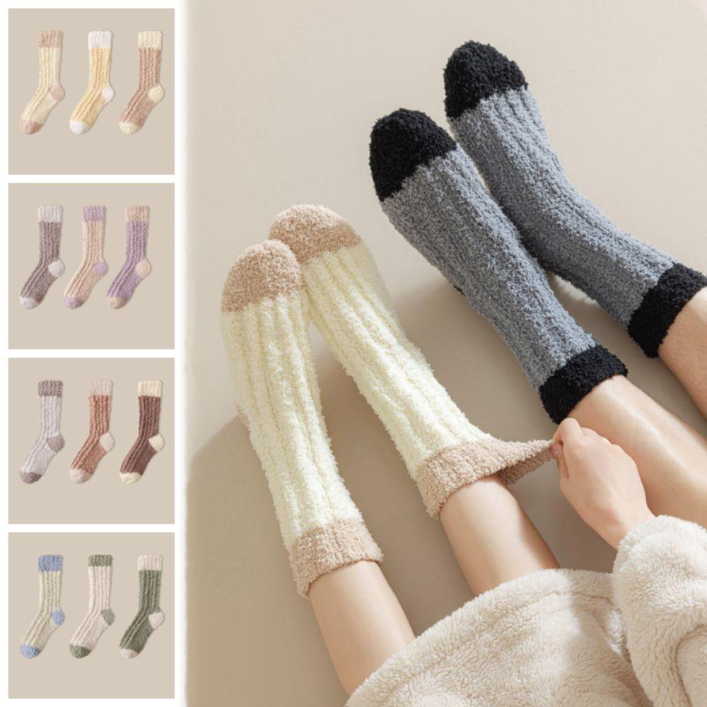 3Pairs Winter Floor Plush Socks Thickened Mid Tube Socks Women Coral Fleece Socks  For Female Men