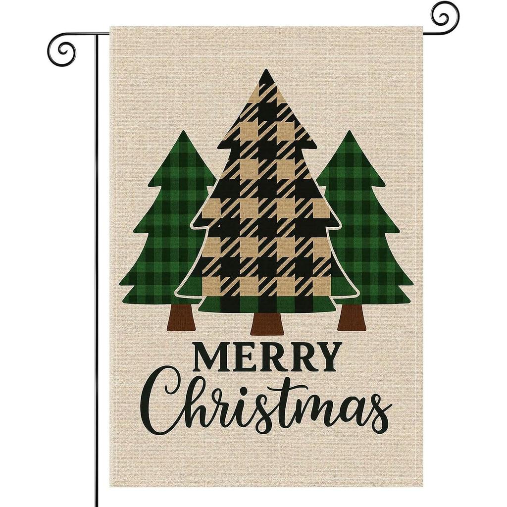 Christmas Tree Garden Flag Double-Sided | Buffalo Plaid Tree Artwork Design Outdoor Seasonal Banner Winter Holiday Banner for Porch Lawn Patio Decor