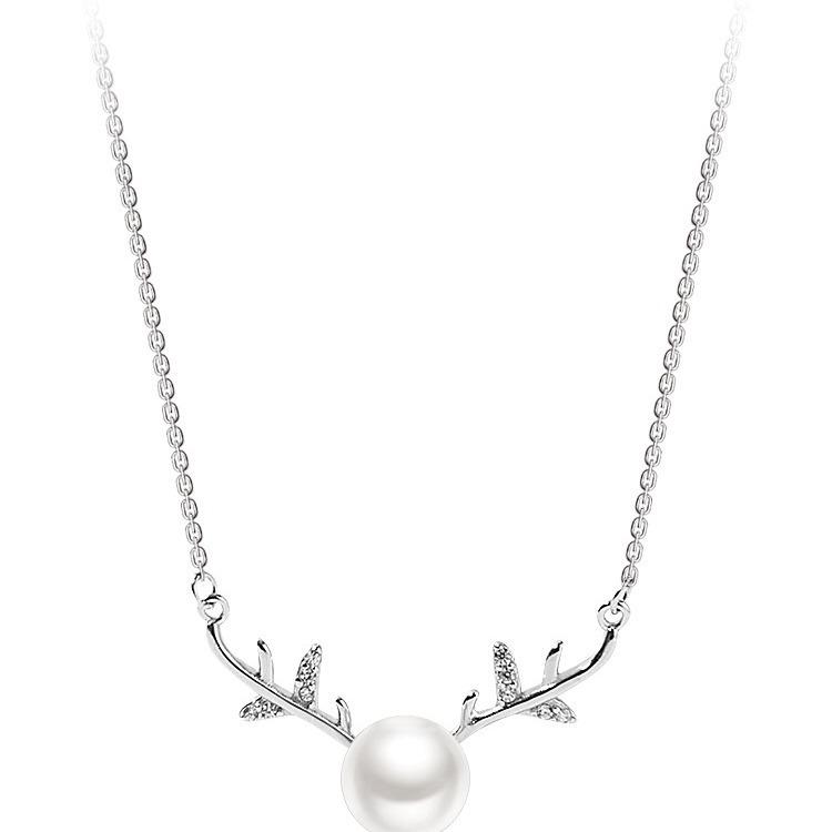One Deer Has You Sterling Silver Necklace with Freshwater Pearl and Elk Antlers Design