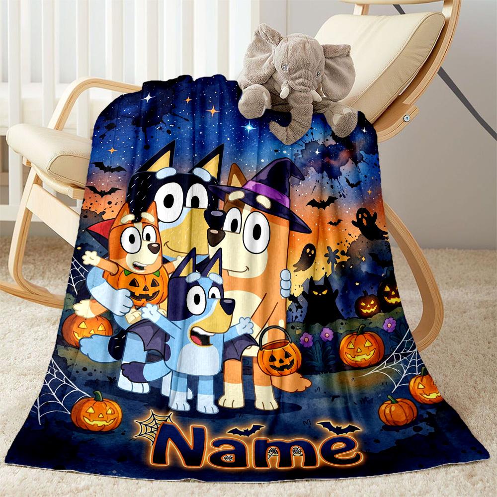 Bluey Halloween Night Personalized Name Blanket Lightweight Customizable Blanket Soft Warm Cozy Suitable for Livingroom Couch Chair Sofa