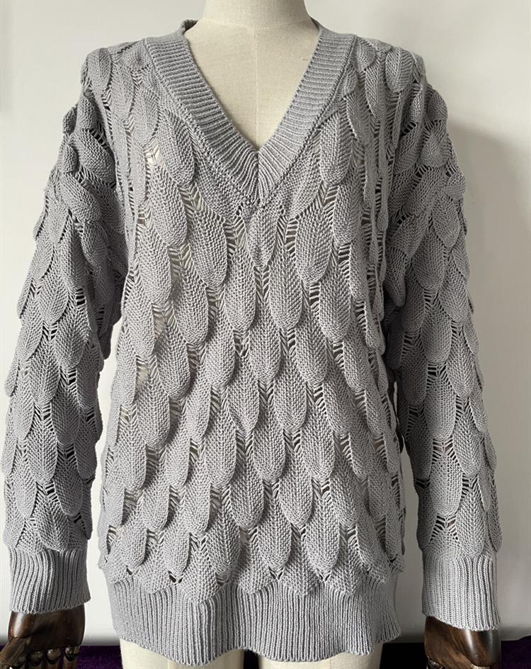 European & American Winter V-neck Hollow Feather Knit Sweater for Women
