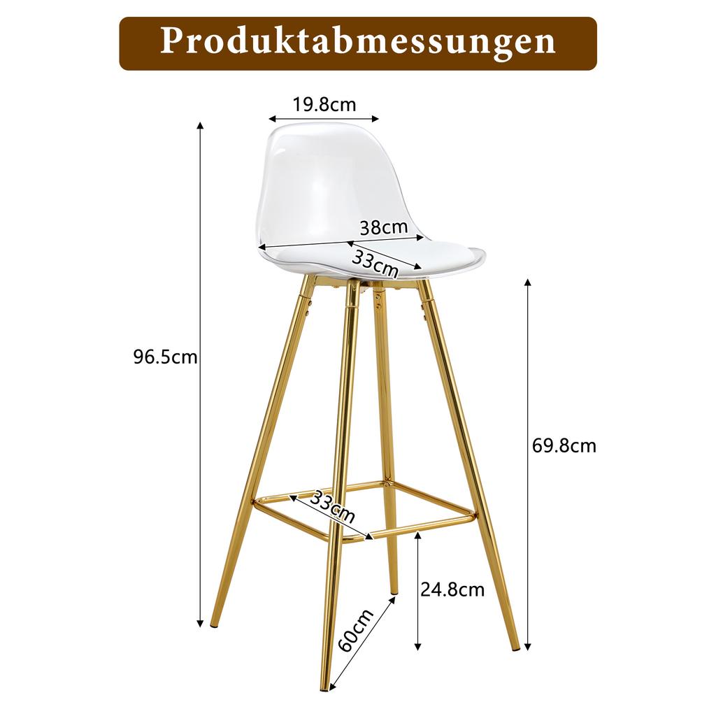 2-Piece Set Bar Stools with Transparent Backrest, Gold Frame, High Chair – for Café, Living Room and Bar Area