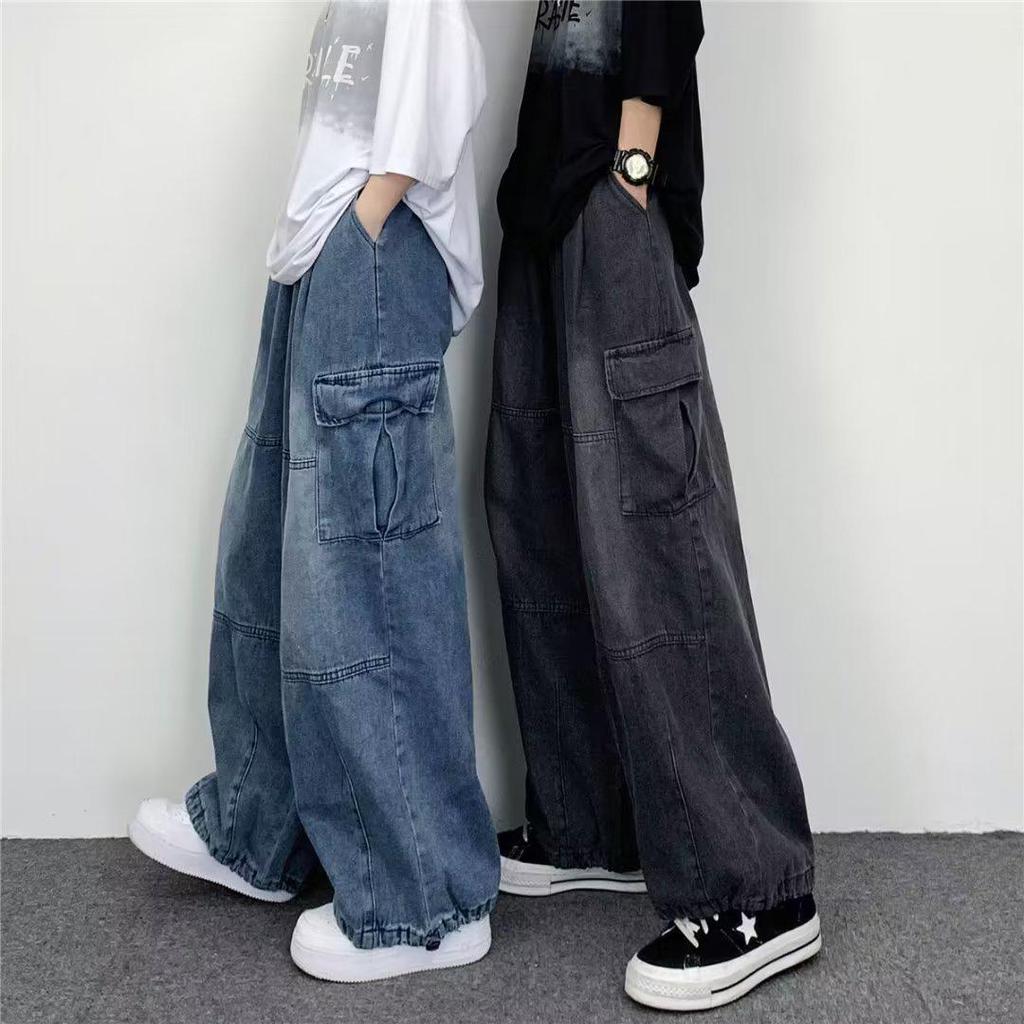 2023 Japanische Street Retro Weitbeinige Cargo-Jeans mit Großen Taschen
