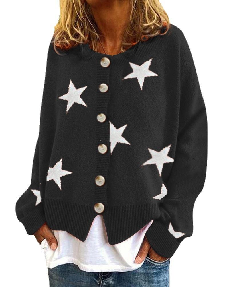 Autumn/Winter Women's Knitted Cardigan - Five-Pointed Star Design, Single-Breasted Sweater