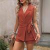 Women's Sleeveless V-Neck Belted Waist Jumpsuit Shorts