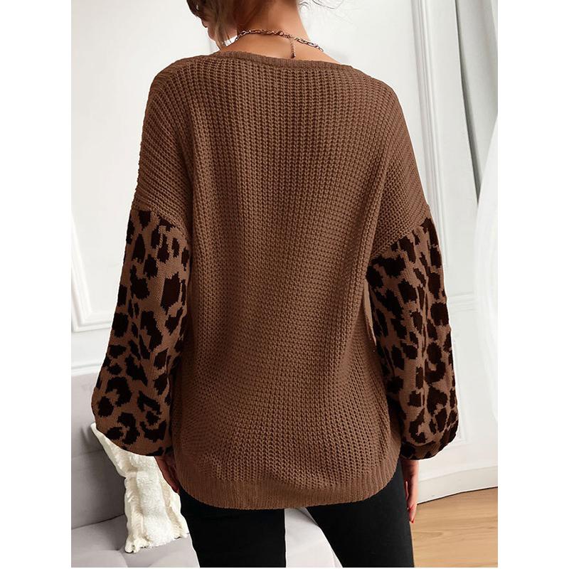 Women's Autumn Winter V-Neck Knitwear Loose Casual Top with Leopard Print Splicing Versatile Fashionable Sweater