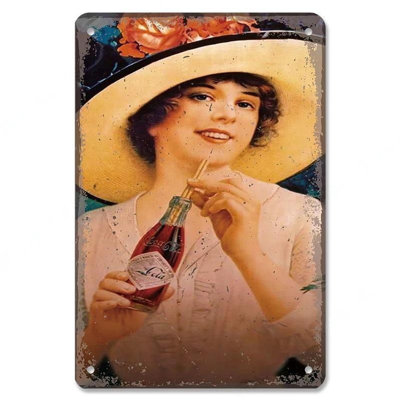 Cola Soft Drinks Poster Metal Tin Signs Vintage Girls Drink Cola Bottles Metal Plate Wall for Bar Pub Club Restaurant Decor